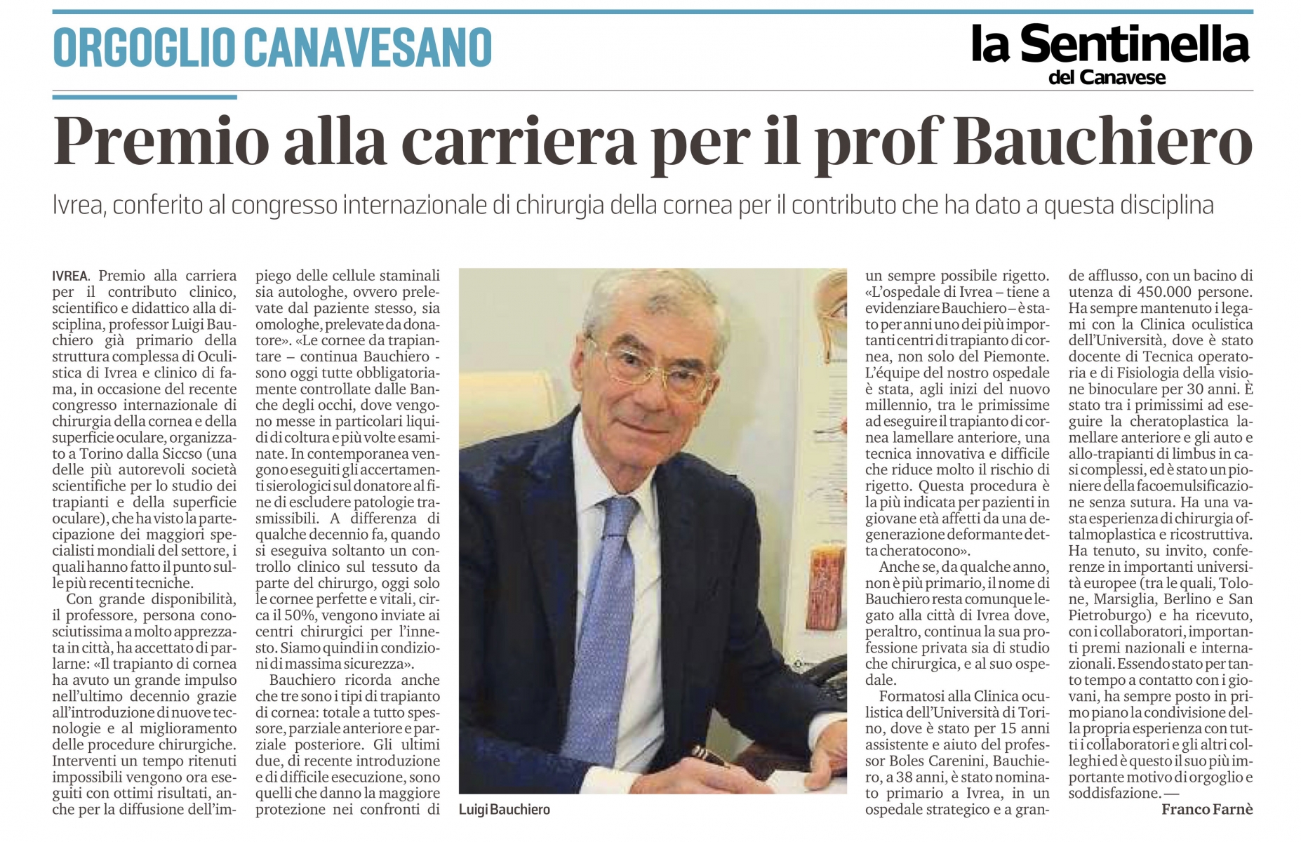 Premio alla carriera per il prof. Bauchiero